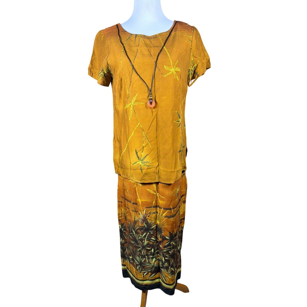 Forever Caroline‎ Jim Elliot Mustard Tropical Palm Rayon Skirt Set Size 8 21675M